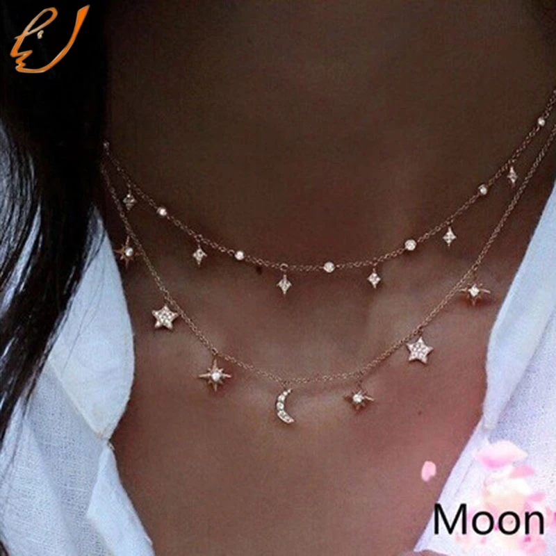 

Gold Color Choker Necklace For Women Alloy Chain Moon Star Pendant Necklace Chocker Collier Femme Colar Female Jewelry