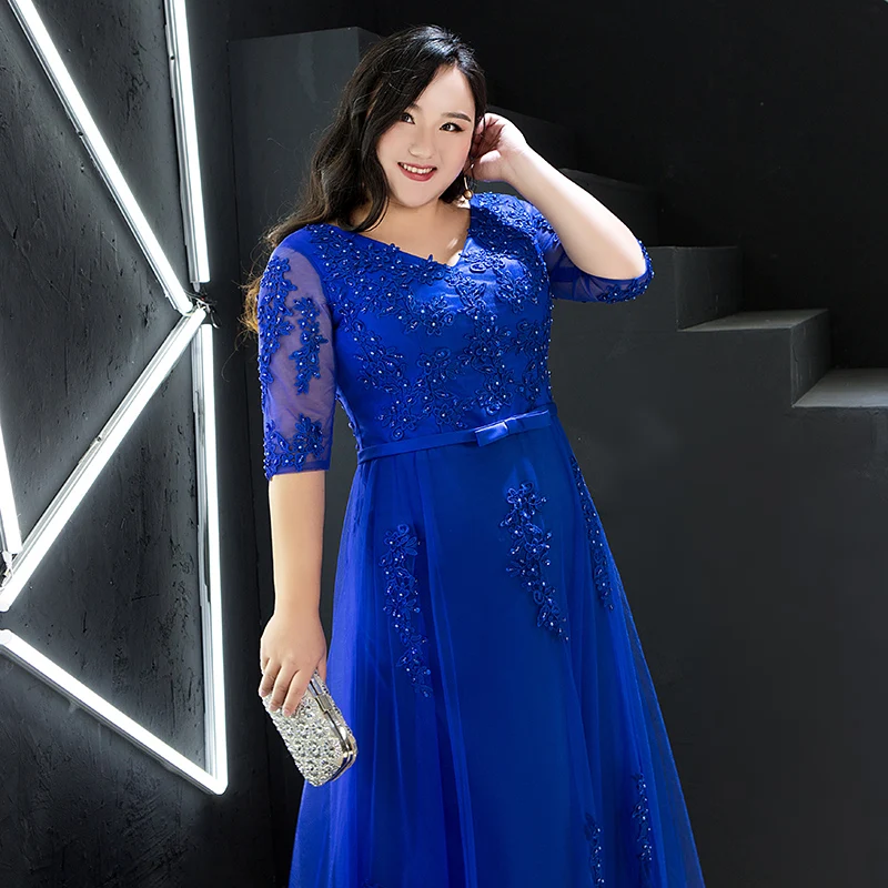 Elegant V-neck A-line Floor-Length Royal Blue Evening Gowns For Wedding Party Luxury Beading Appliques Long Prom Dress