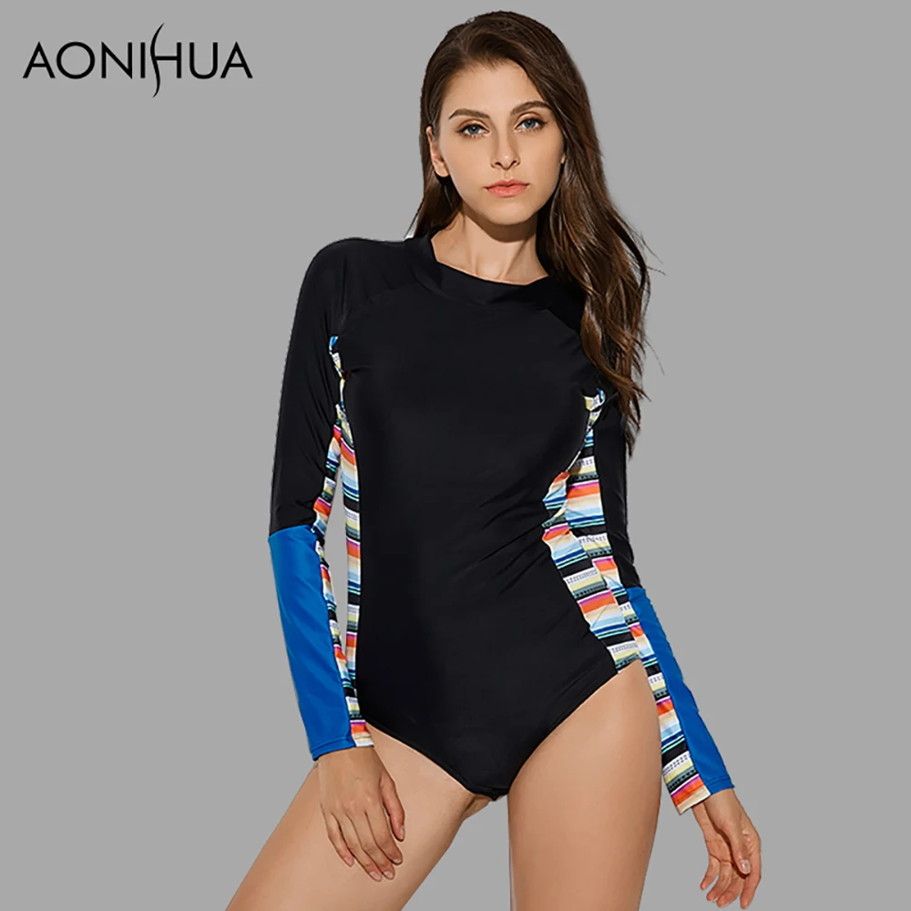 Aonihua 2018 Спорт с длинным рукавом Сёрфинг Одна деталь купальники Для женщин высокое