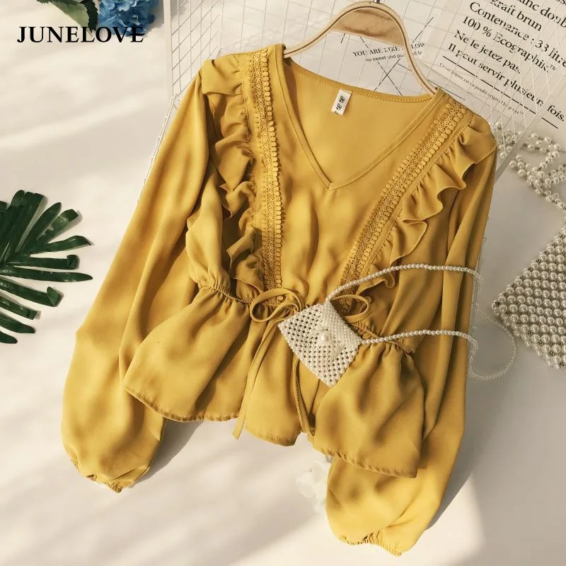 

JuneLove Drawstring Sash Ruffles Women Blouse V-Neck Lace Patchwork Vintage Blusa Spring Summer Solid Slim Fashion Shirt Tops