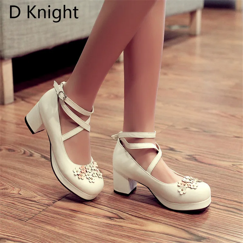 Lolita Shoes Women Pumps Round Toe Cross Straps Bow Cute Girls Princess Tea Party Shoes High Heels Student Lovely Shoes Size 48  (12)