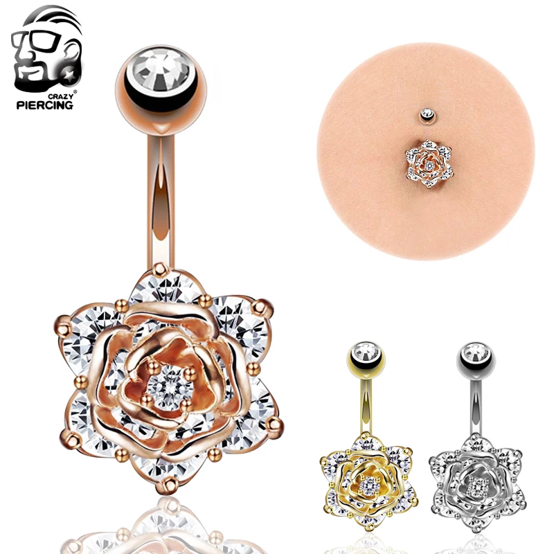 14G internal thread Belly Piercing Navel Surgical Steel Barbell Crystal Sun Flower Button Rings