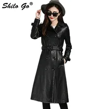 SHILO GO кожаный Тренч Женская Осенняя мода Овчина натуральная кожа х-длинное пальто с лацканами двубортный передний заклепки Женское пальто