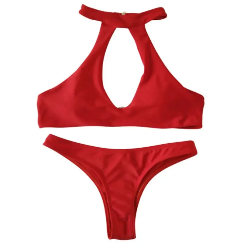 

Bikini Set Halter Neck Large Hollow Out Backless Bra Low Waist Cheeky Thong Bottoms Solid Color Swimsuit 6 Colors