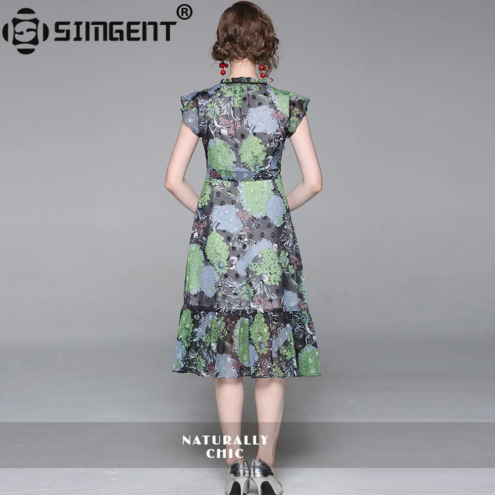 Simgent, шифоновое платье с принтом, женское, с оборками, винтажное, элегантное, ТРАПЕЦИЕВИДНОЕ, тонкое, новинка, летнее платье, женская одежда, Vestidos De Festa, SG9784