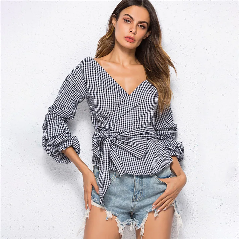 

Women T-shirt Off the Shoulder Long Sleee Lace Up Autumn Summer New Arrival Blusas Shirt Women Tees Shirt V Neck Plaid Fashion