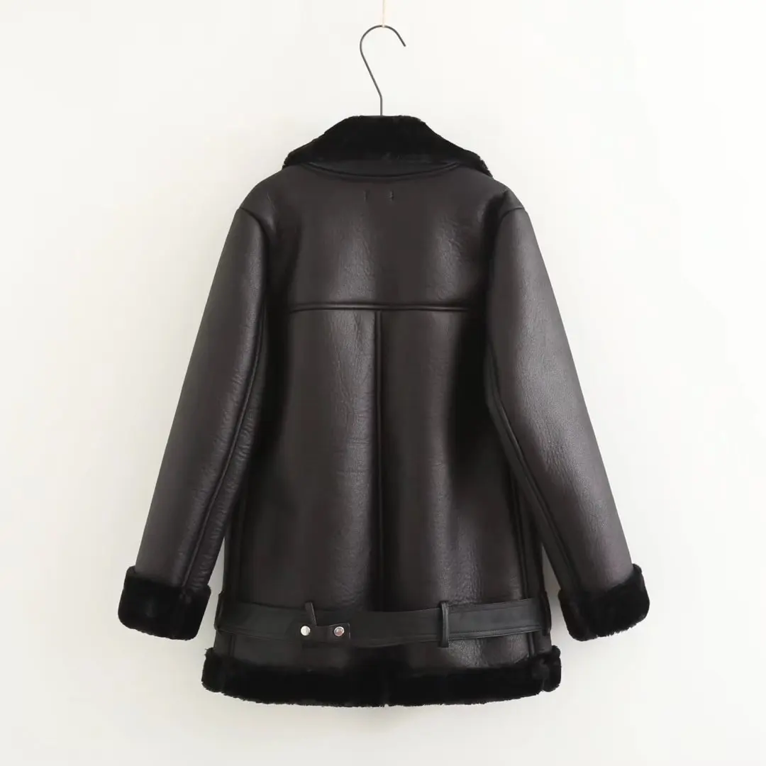 Popular Women's Autumn And Winter Warm Imitation Leather Jacket With Fur Collar Ladies Black Motorcycle& Riding Jacket Coat