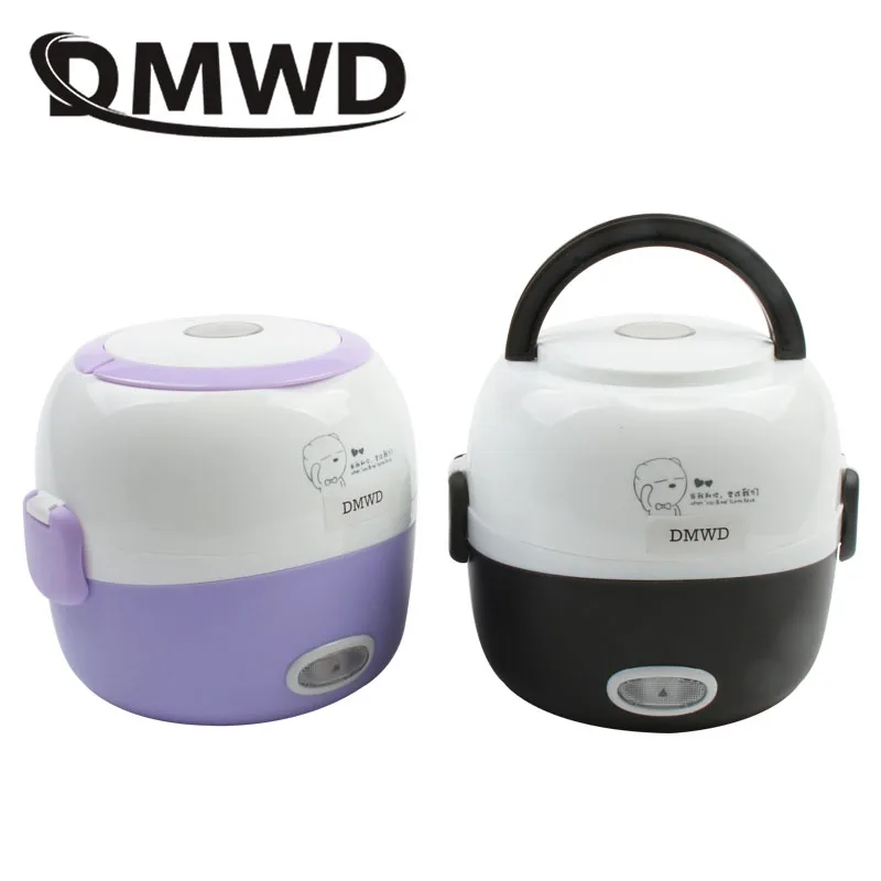 DMWD MINI Rice Cooker Thermal Heating Electric Lunch Box 1/2 Layers Portable Food Steamer Cooking Container Meal Lunchbox Warmer 1
