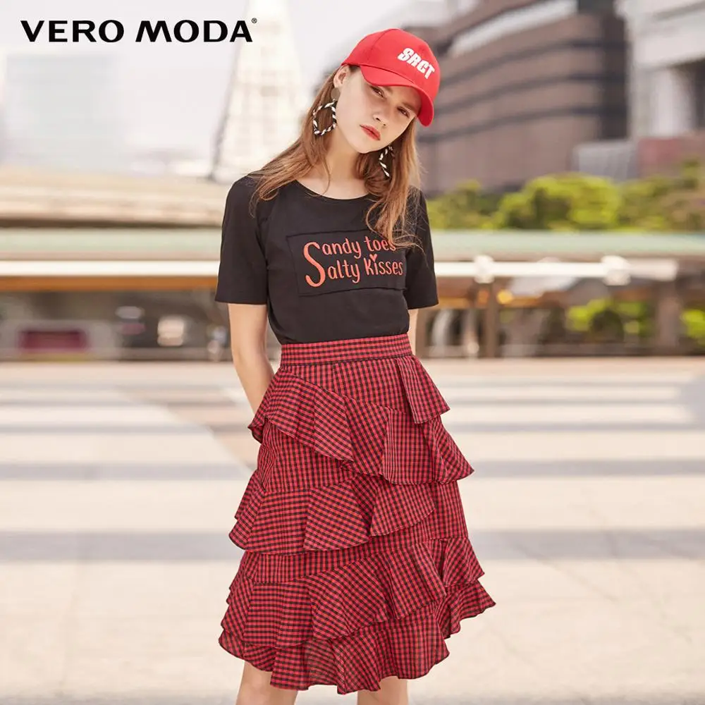 

Vero Moda 2019 New Women's Ruffled Trims 100% Cotton Plaid Skirt|318316508