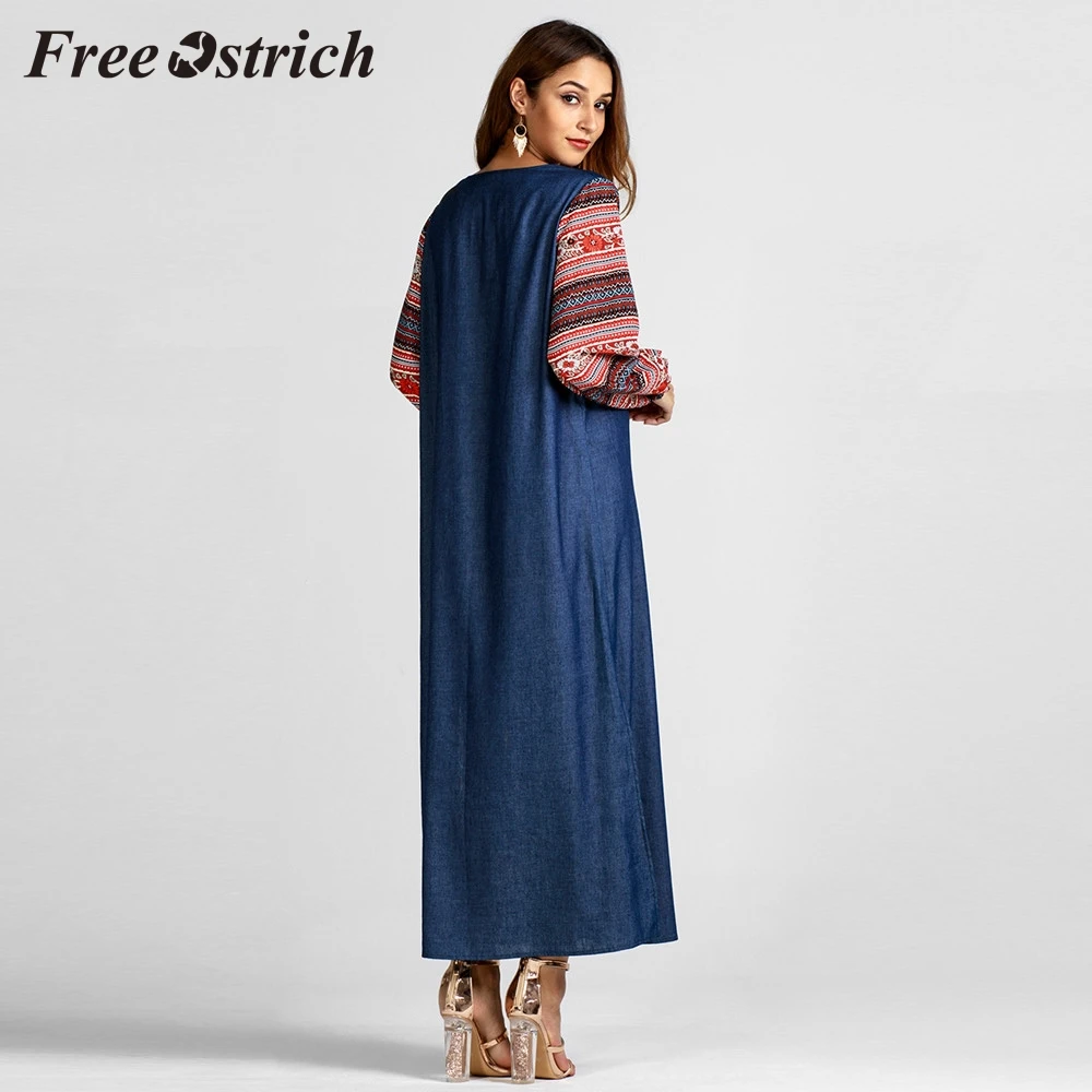 Free Ostrich 2019 мусульманская мода этнический стиль принт длинный рукав вечернее