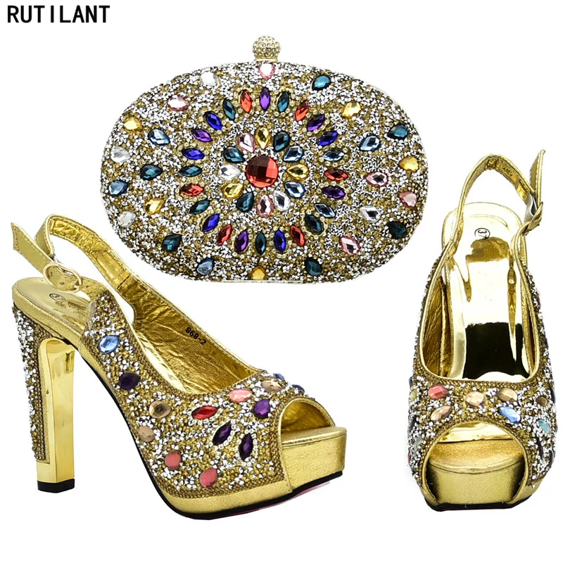 Shoe and Matching Bag for Nigeria Party Nigerian Women Wedding Shoe and Bag Set with Rhinestone
