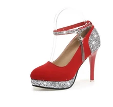 2016 sexy woman High-heeled shoes fashion elegant platform thick with Buckle Strap Glitter ladies wedding pumps Plus size 34-39