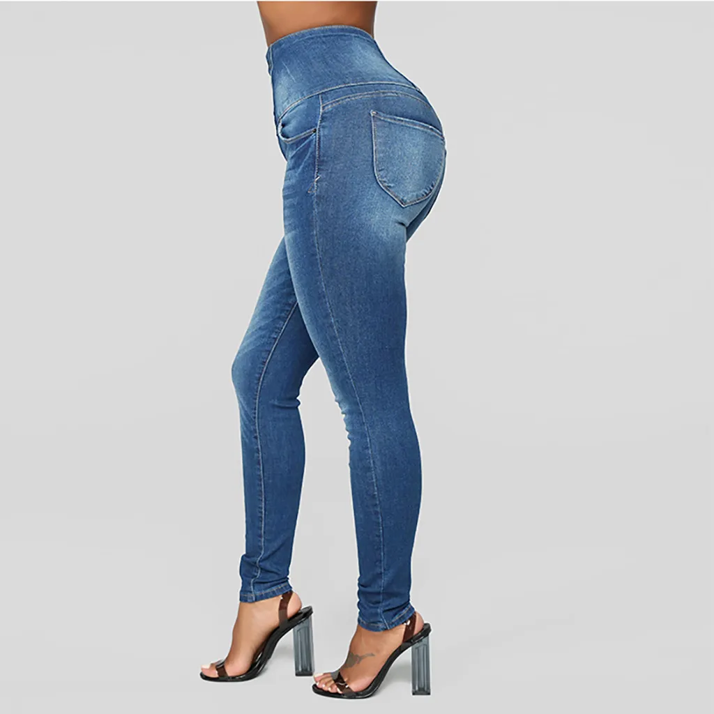 

2019 Women Autumn Elastic Button Loose Hole Denim Casual Small Feet Cropped Jeans Skinny Jeans Full Length Length Woman Jeans