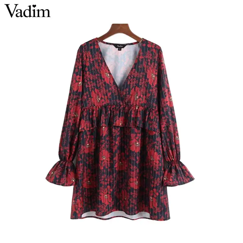 

Vadim women V neck striped floral red dress ruffled long sleeve pleated female casual retro straight dress vestidos QA932