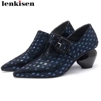 

Lenkisen genuine leather mixed colors plus size art design high heels slip on European simple style fashion streetwear shoes L10