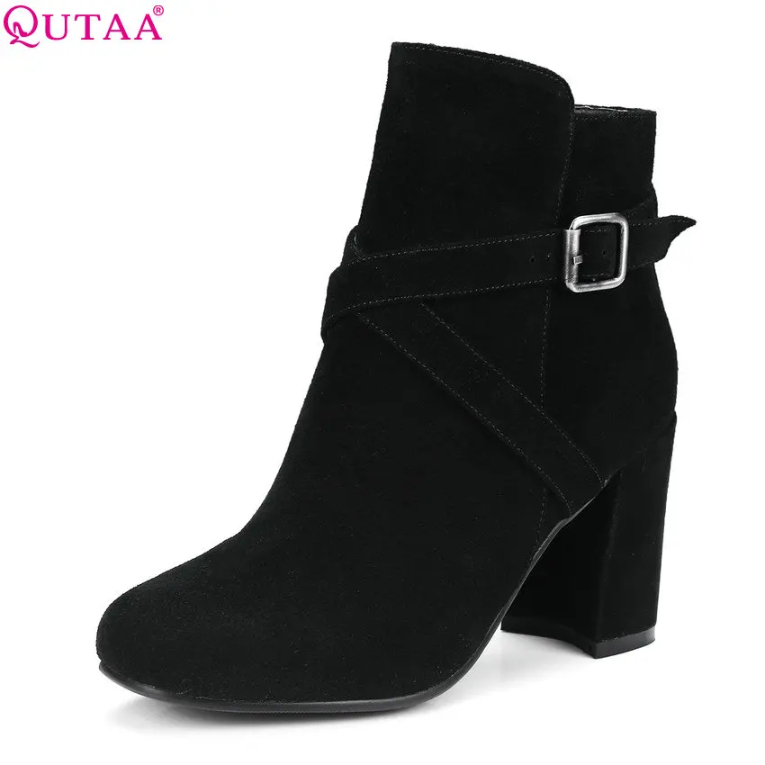 

QUTAA 2019 Women Ankle Boots Square High Heel Winter Shoes Women Boots Flock Scrub Women Motorcycle Boots Big Size 34-39