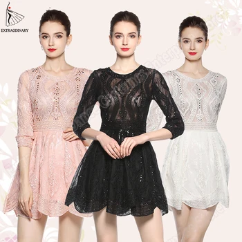 

Women Dress Fashion Party Dress Formal Gowns Dresses Lace With Three Quarter Sleeves Above Knee Mini Chiffon O-Neck 3 Colour