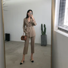Outono Blazer Terno Mulheres Negócio 2 peça Definir Cáqui Cintura Correia da Faixa Uniforme de Manga Comprida Blazer e Calça Lápis OL ternos