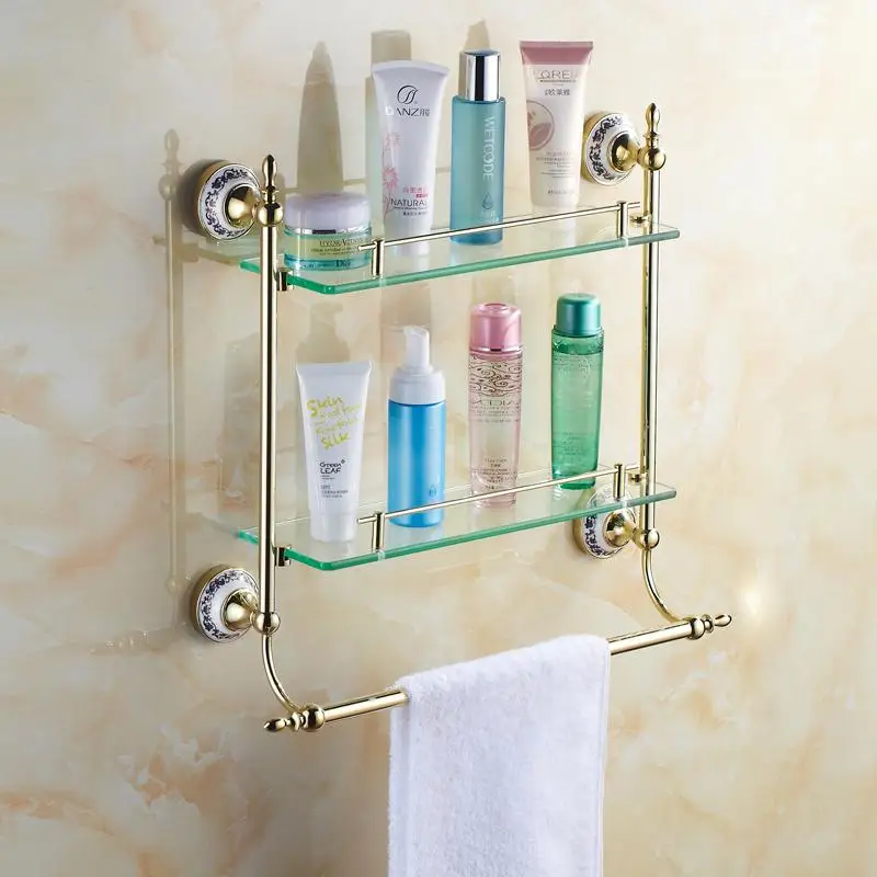dual tier golden brass glass bathroom shelfin Bathroom Shelves from