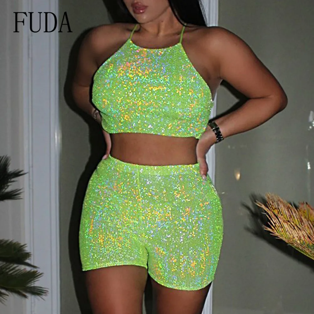 FUDA Two Pieces Sets Sequined Mini Playsuits Sexy Sleeveless Hollow Out Behide Cross Badage Jumpsuits Summer Bling Party Wear FUDA Two Pieces Sets Sequined Mini Playsuits Sexy Sleeveless Hollow Out Behide Cross Badage Jumpsuits Summer Bling Party Wear