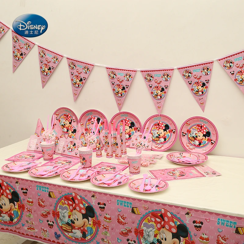 

101pcs Party Supplies for 6 kids Minnie Mouse Tableware Set Flag Plate Cup Tablecloth Kids Birthday Party Decoration