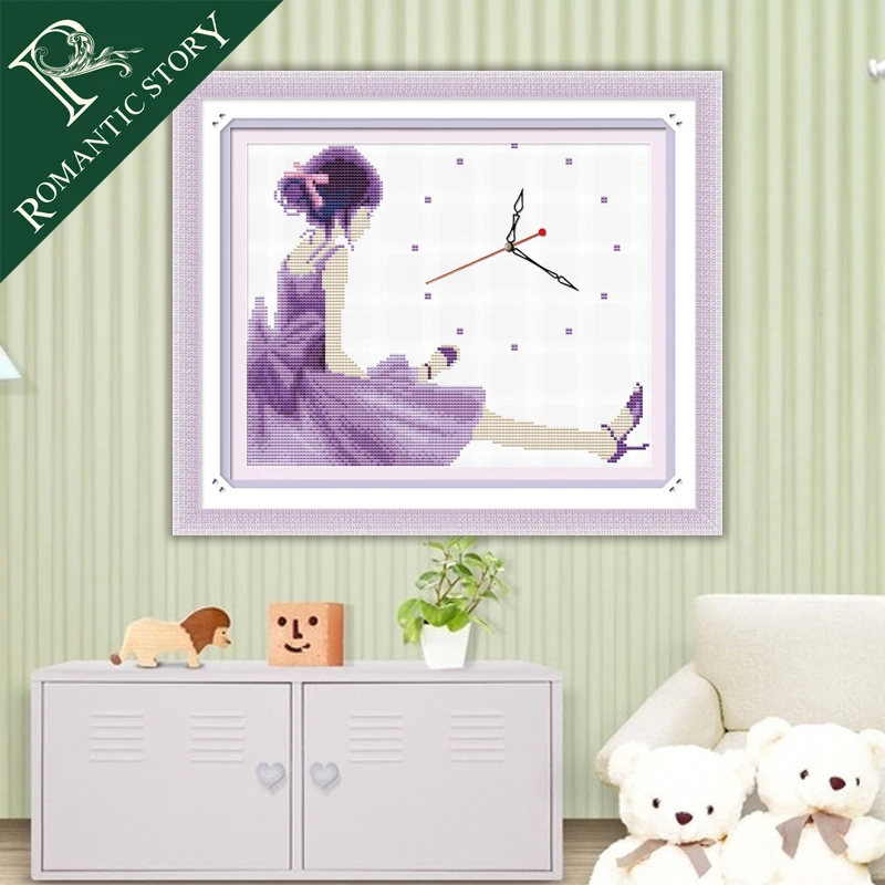 

Romantic Story Clock the Girl in Pruple Figure Portrait Needlework DIY 11CT Printing Cross Stitch Sets For Embroidery Kits