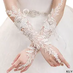 KLV/Для женщин вечерние вышитые выдалбливают цветочные кружева перчатки без пальцев со стразами локоть длинный крючок варежки