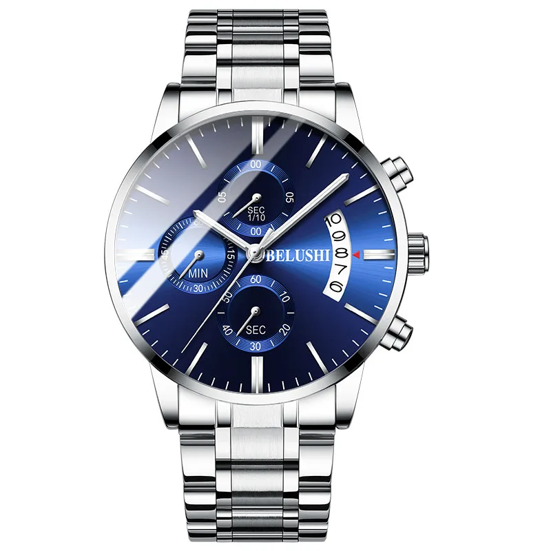 Мужские наручные часы, мужские деловые часы с хронографом, роскошные Брендовые мужские часы, кварцевые часы для мужчин, мужские наручные часы - Цвет: silver blue