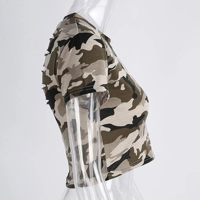 Qunndy T Shirt Women Camouflage Cotton Elastic Basic T-shirts Female Casual Tops Short Sleeve Tshirt Crop Top Camisetas Mujer (16)