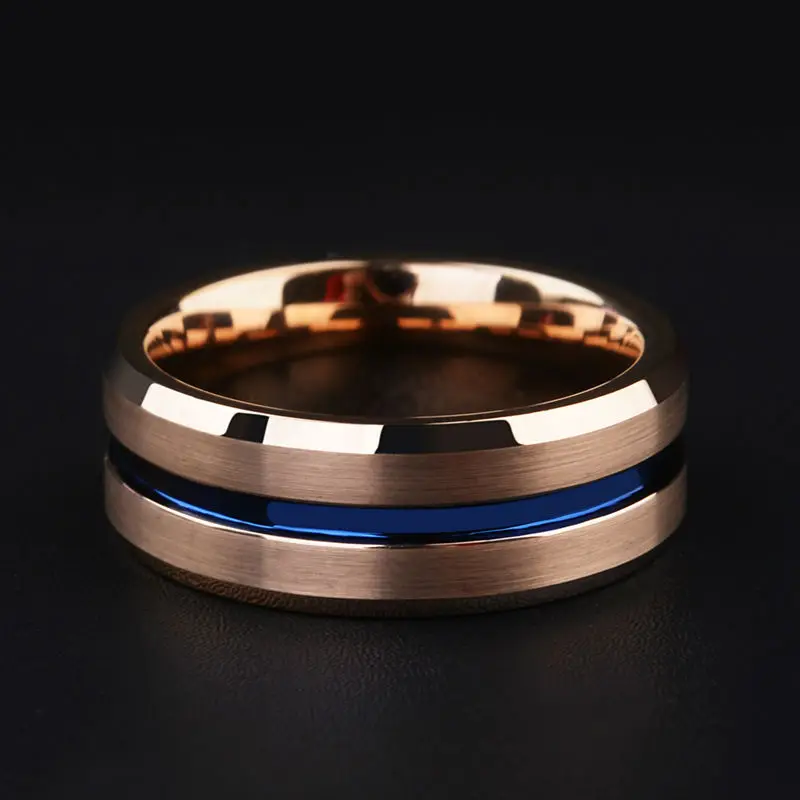 Новое поступление, 8 мм ширина, розовое золото, мужские ювелирные кольца из карбида вольфрама, браслет с тонким синим желобком и матовой отделкой, Размер 7-11