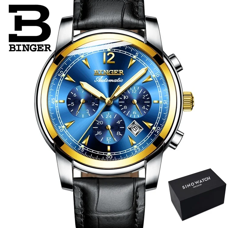 Швейцарские автоматические механические часы для мужчин Бингер люксовый бренд мужские s часы сапфировые наручные часы водонепроницаемые relogio masculino - Цвет: D-L-black  gold blue