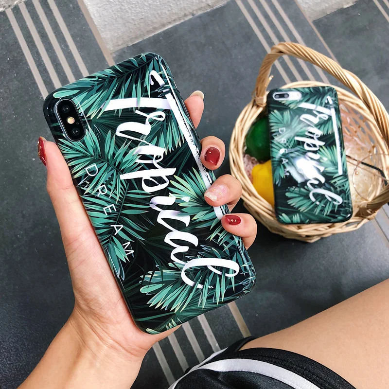 

Shiny Tropical Flower Green Leaf Case For iPhone 7 Plus 6 6S 8 Retro TPU Case for iPhone XR X XS Max S Back Cover Phone Case