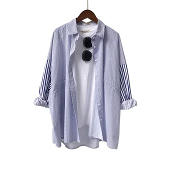 

Striped women long blue shirt loose plus size 4XL 5XL new style 100% cotton blouse casual clothing tops