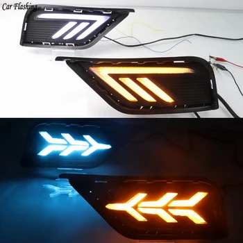 

2PCS LED DRL Daytime Running Light Daylights For Volkswagen VW Tharu 2019 With Yellow Turn Signal Fog Lamp Cover night blue