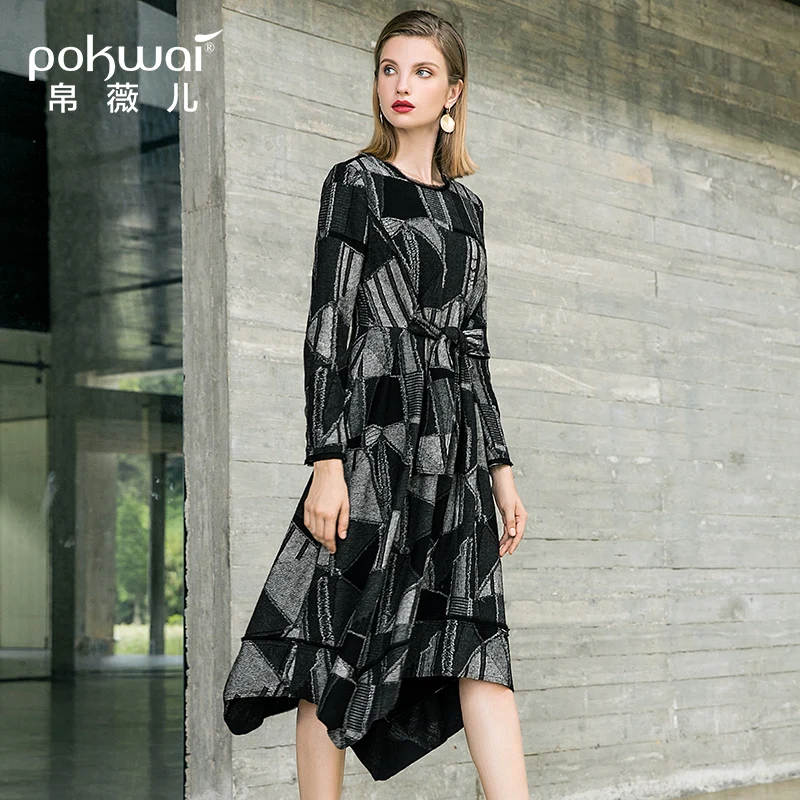 POKWAI Autumn And Winter New Long Sleeve Round Collar Fashion Black White Plaid Irregular Dress Slim a-Line | Женская одежда