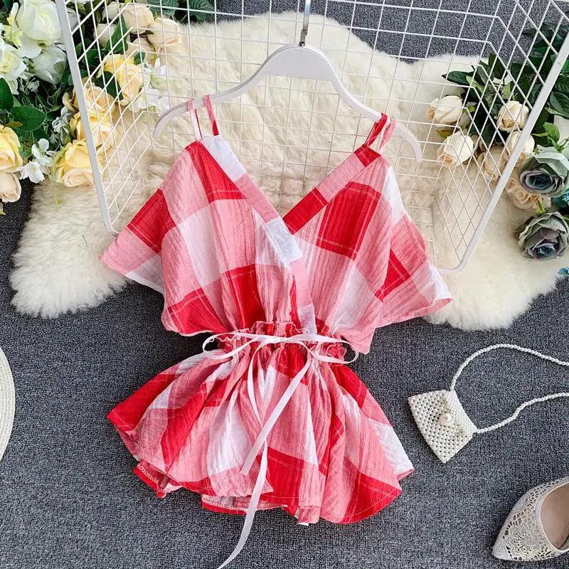 

New Fashion Females Vintage Port Flavor Lattice Shirts 2019 Summer Womens Spaghetti Strap Bat Sleeve Frenulum Slim Shirt Tops