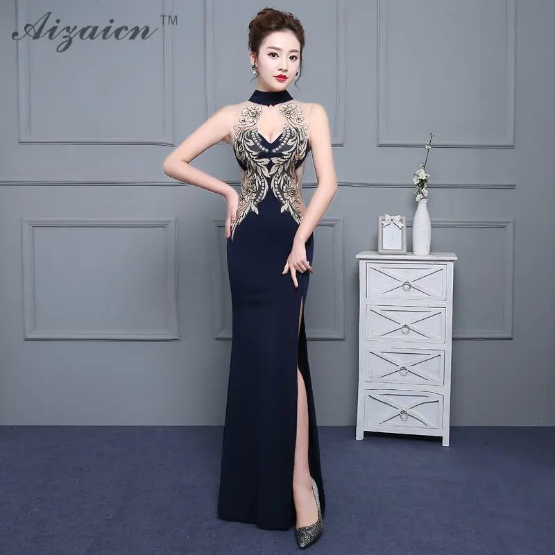 

Flower Elegant Long Qipao Modern Embroidery Mermaid Chinese Style Evening Dress Fish Dresses Slim Split Cheongsam Gown China
