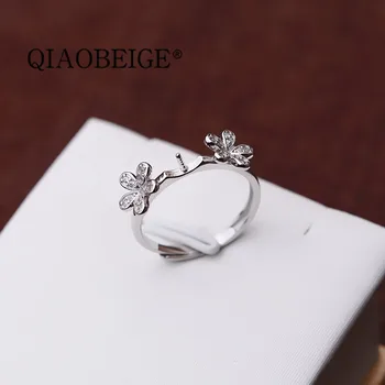 

QIAOBEIGE 925 terling pearl ring Fashion Woman Girl Party Wedding Gift Silver Double flower S925 Sterling Silver Ring