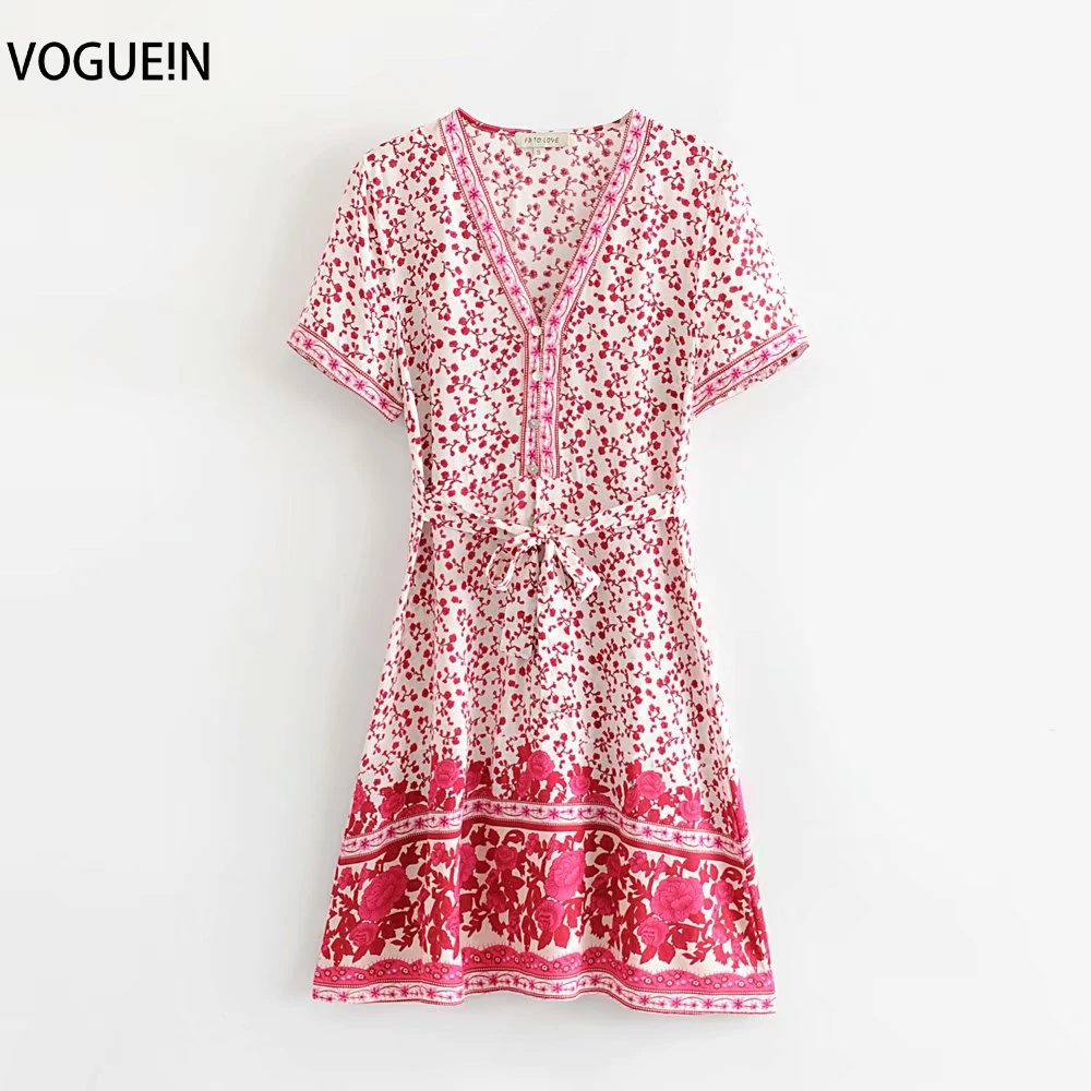 

VOGUEIN New Womens Pink Floral Print Boho Beach Short Sleeve V-Neck Belt Mini Dress Wholesale