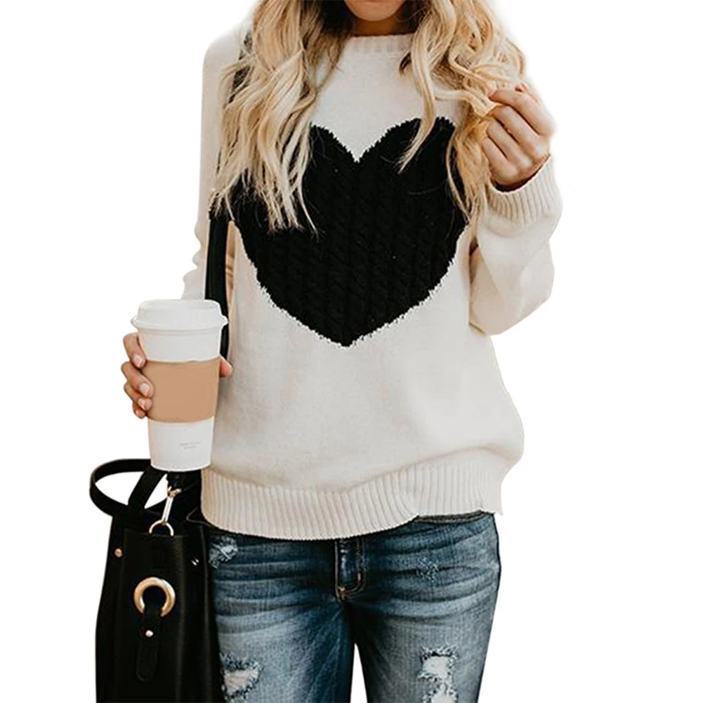 

Women Casual Blouse Long Sleeve Warm Knitwear Love Heart Sweater Autumn Crew Neck Daily Wear Loose