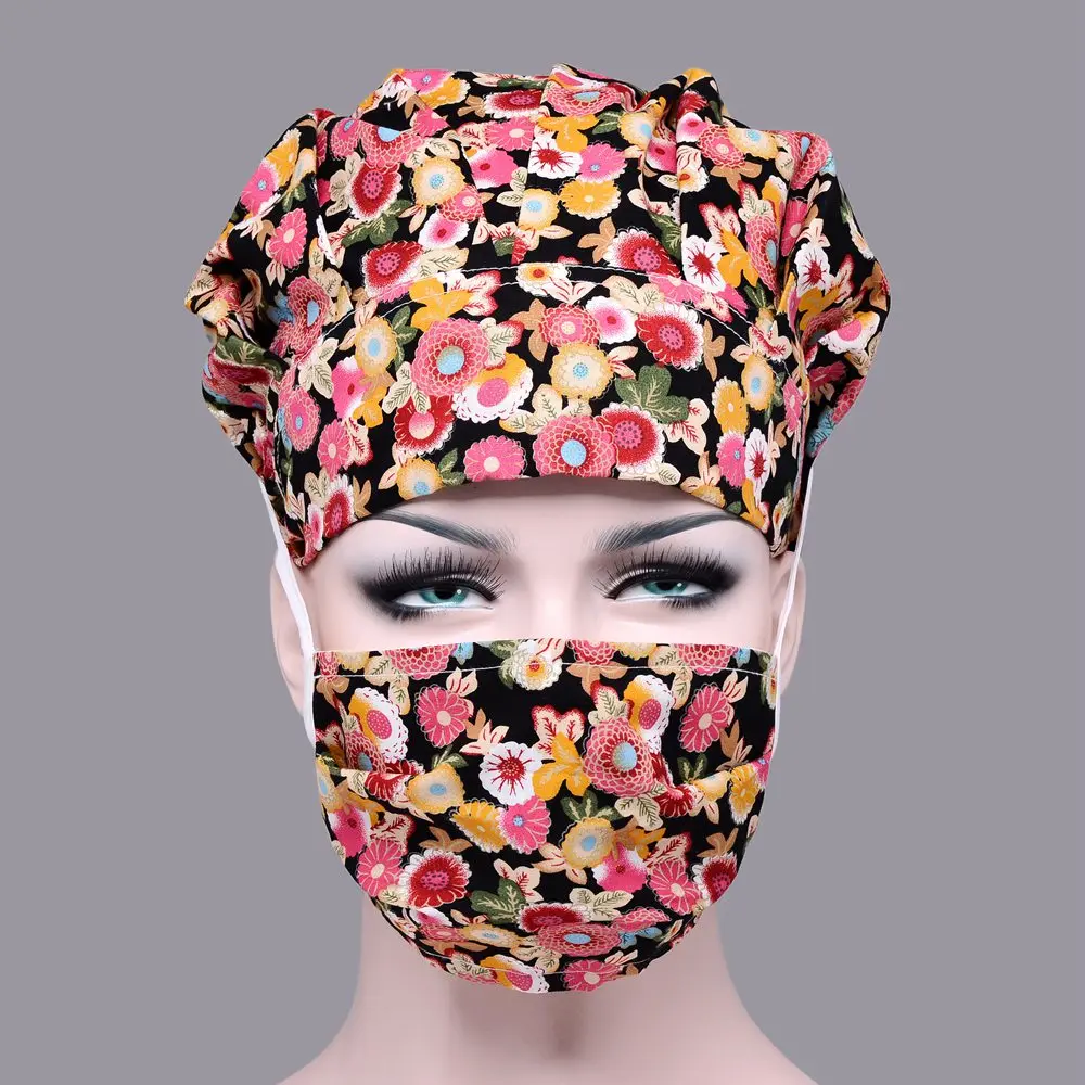 Унисекс лаборатории медицинские хирургические Кепки маска Для женщин с цветочным принтом медицинский скраб Управление шапки из меха