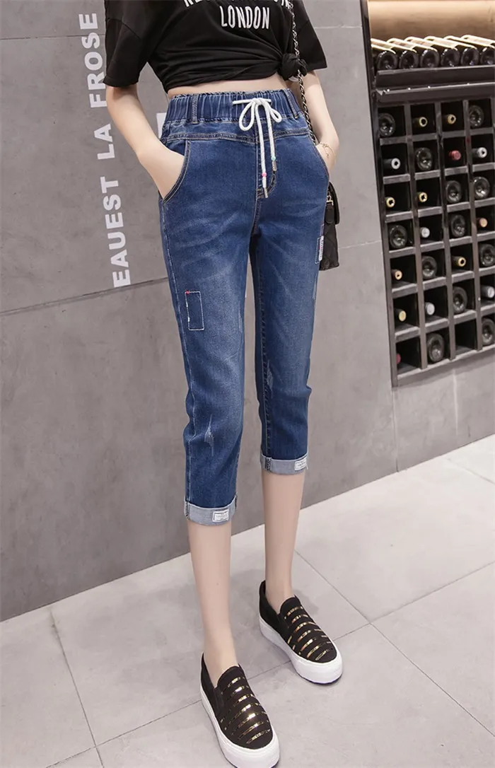 Корейские демисезонные Свободные Высокая талия эластичный пояс плюс размеры джинсы из денима, тянущиеся семь брюки для девочек джинсы