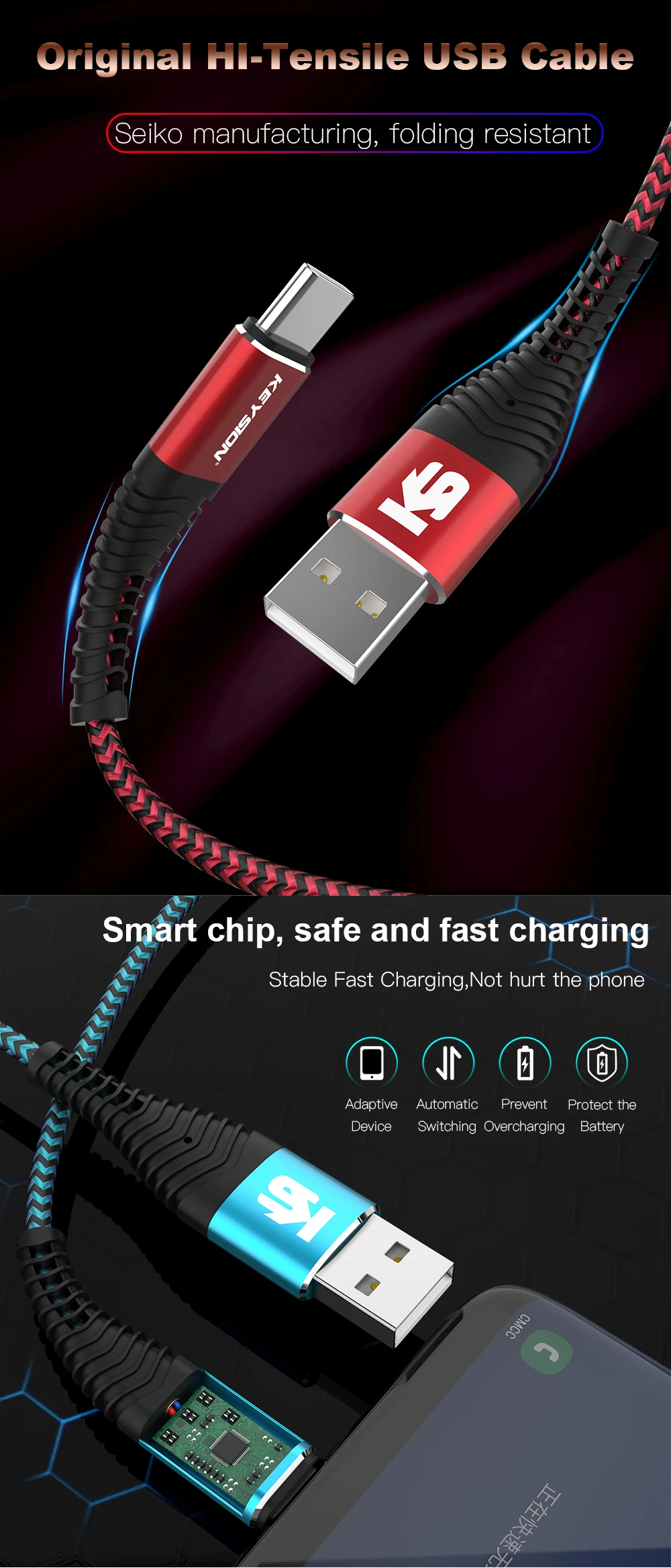 KEYSION 3.1A кабель для быстрой зарядки usb type-C кабель для зарядного устройства кабель для синхронизации данных USB C провод для samsung S10 S8 Note 9 huawei Xiaomi LG