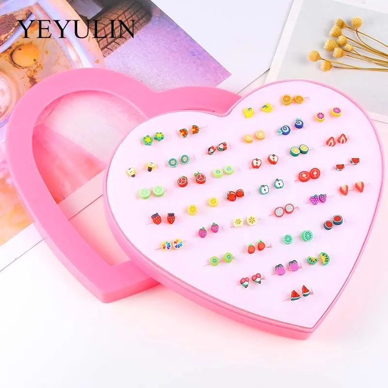 

36 pairs 6mm 10mm Mixed Fruit Watermelon Lemon Kiwi Stud Earrings Girls Pink Heart Box Holding Ears Jewelry Gift