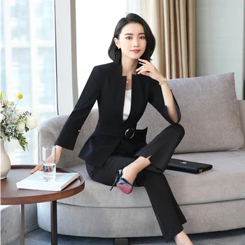 

New Styles 2019 Spring Fall Formal Business Suits With Jackets And Pants For Women Blazers Uniform Designs Trousers Sets
