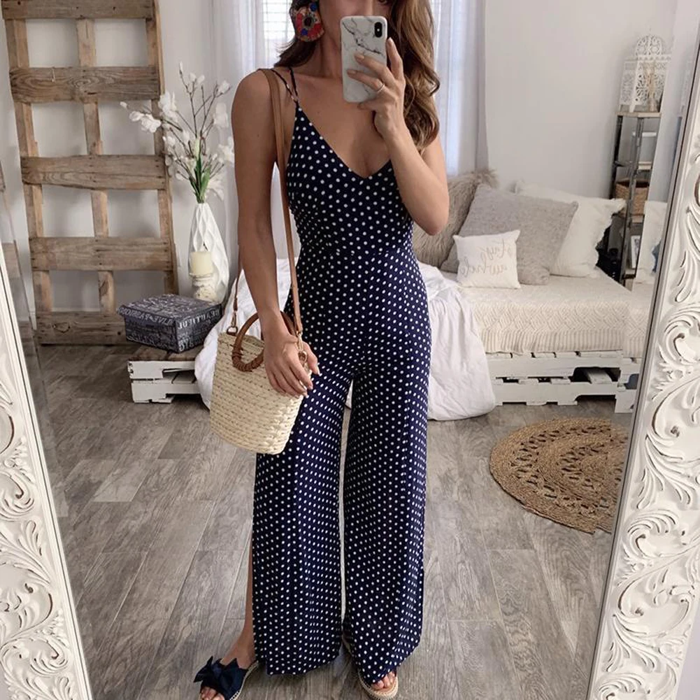 

Casual Jumpsuit Women V-neck Spaghetti Strap Dots Party Clubwear Loose Wide Leg Playsuit Jumpsuit&Romper Trousers Women