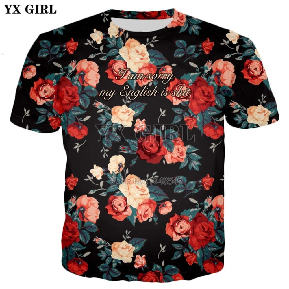YX GIRL 2018 летняя новая мода 3d футболка с цветочным принтом Роза/пион футболки в