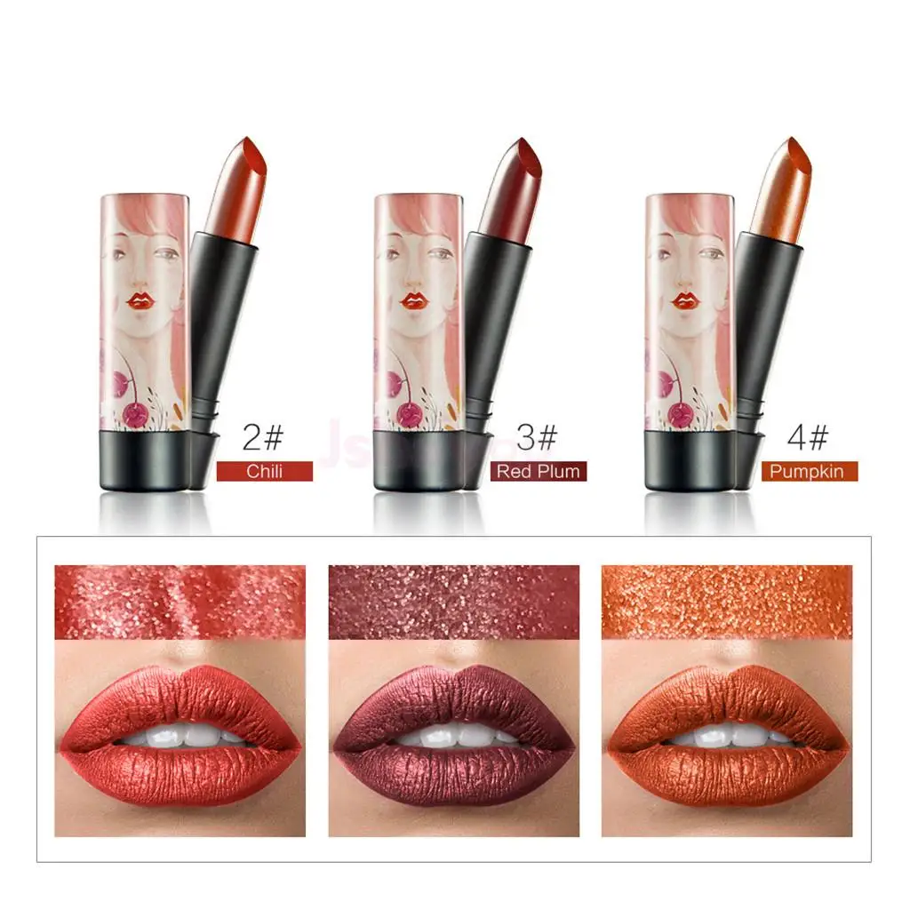 3 Shades GLITTER METALLIC MATTE SHIMMER Makeup Lipstick Set Cosmetic