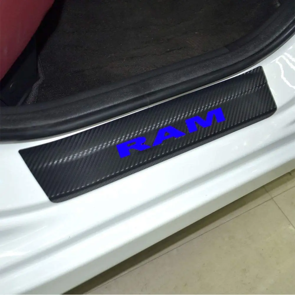 SENYAZON RAM Sticker Carbon Fibre Vinyl Reflective Car Door Sill Decoration Scuff Plate for Dodge RAM Accessories Black&White 