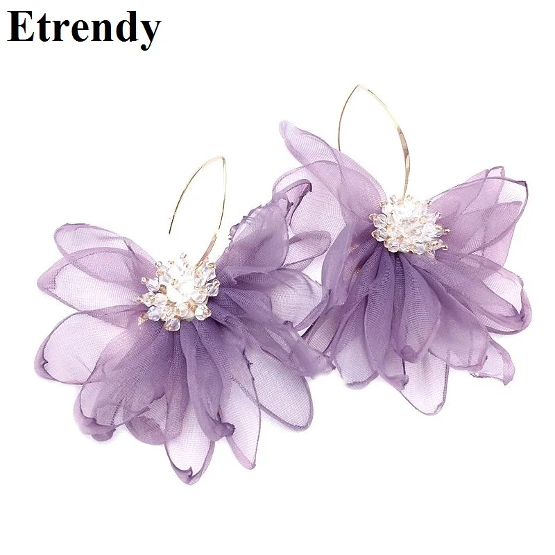 Корейские массивные шифоновые большие серьги в виде цветка для женщин, новые модные ювелирные изделия, вечерние аксессуары, фиолетовые, розовые